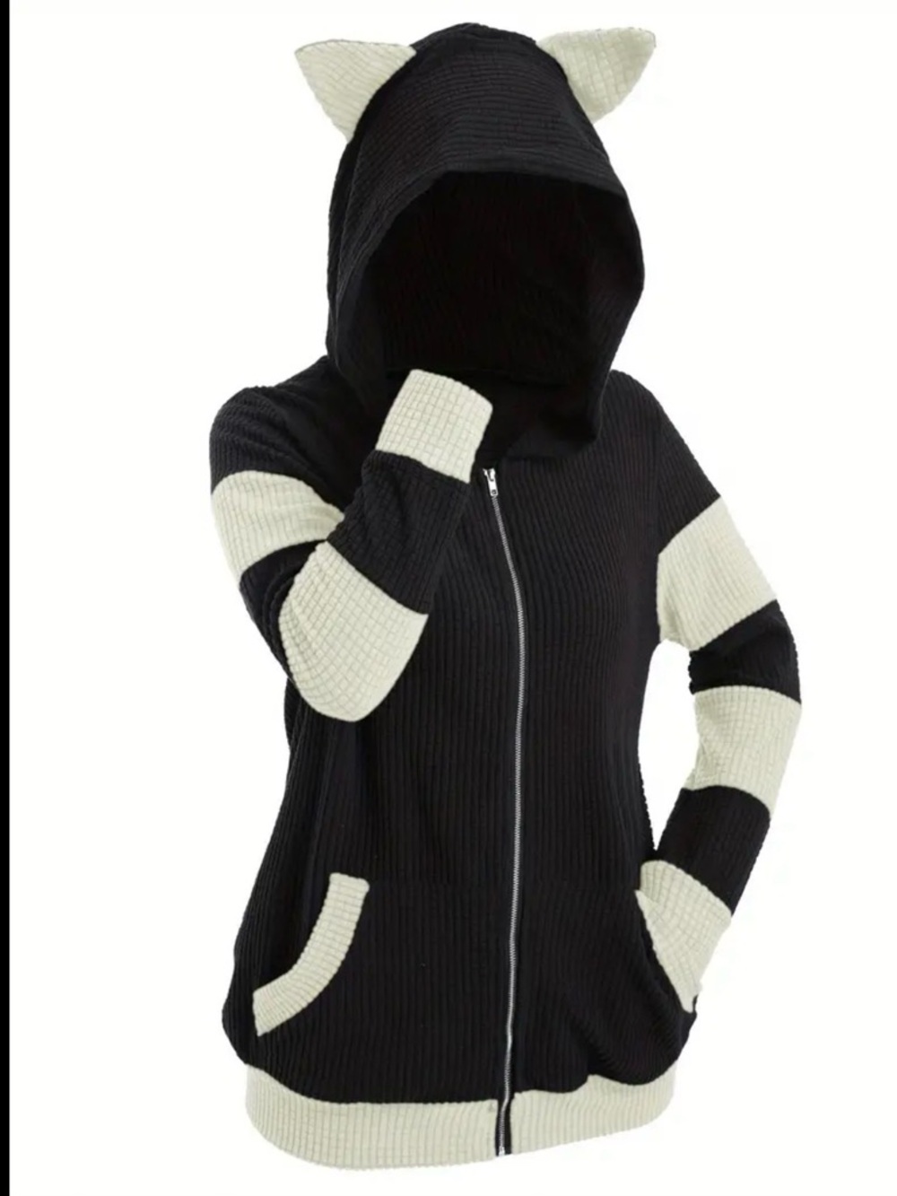 Black and Cream Cat Ear Zip Hoodie